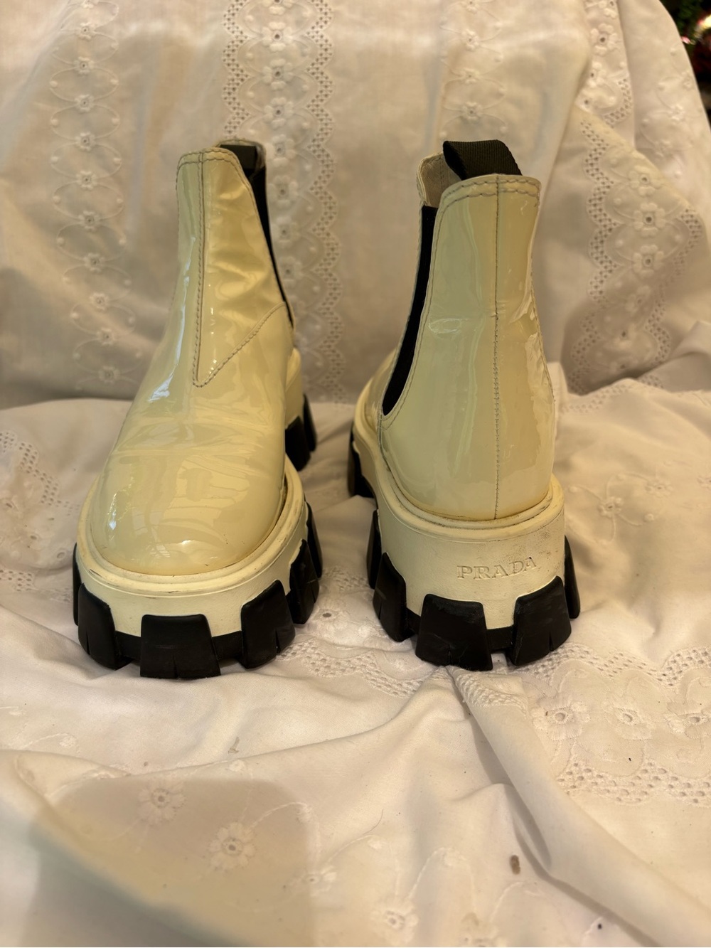Prada Cream Patent Leather Chelsea Lug Boots with Black Sole